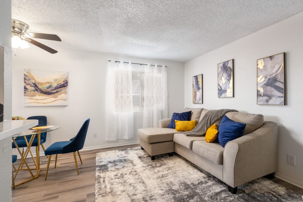 Furnished model living room at La Privada Apartments in El Paso, Texas