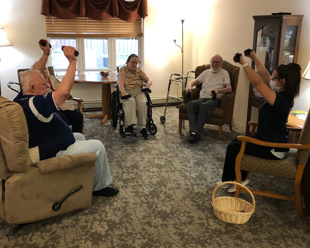 Residents participate in fitness groups at Landings of Sauk Rapids in Sauk Rapids, Minnesota.