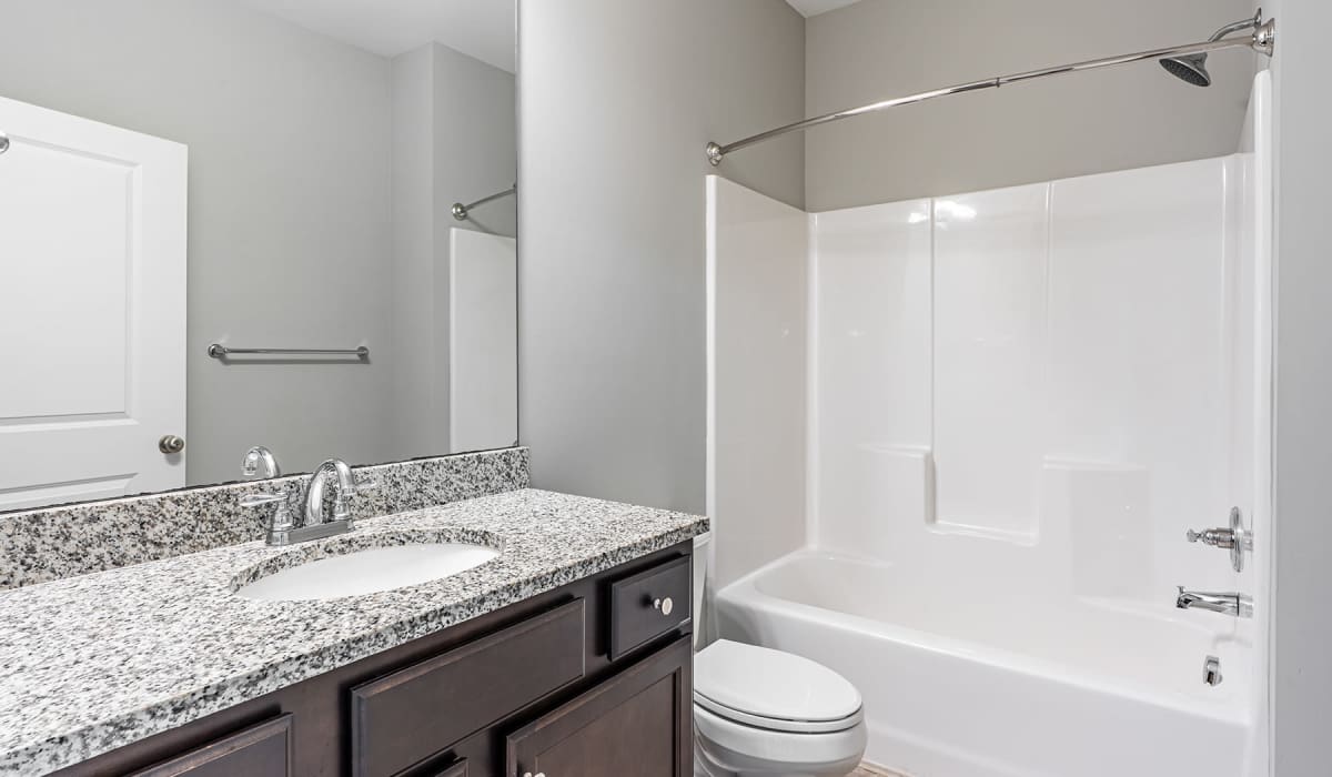 Bright bathroom with mirror, sink, commode and bathtub at Palomar View Apartments in Lexington, Kentucky