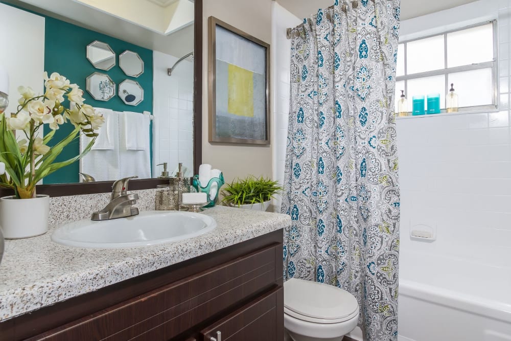 Bathroom with a large vanity and tiled tub/shower combination at Central Place at Winter Park in Winter Park, Florida