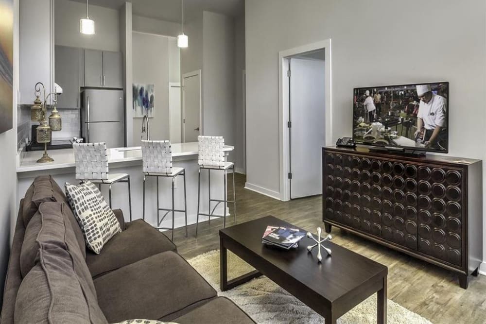 Model living room at 300 Optimist Park in Charlotte, North Carolina