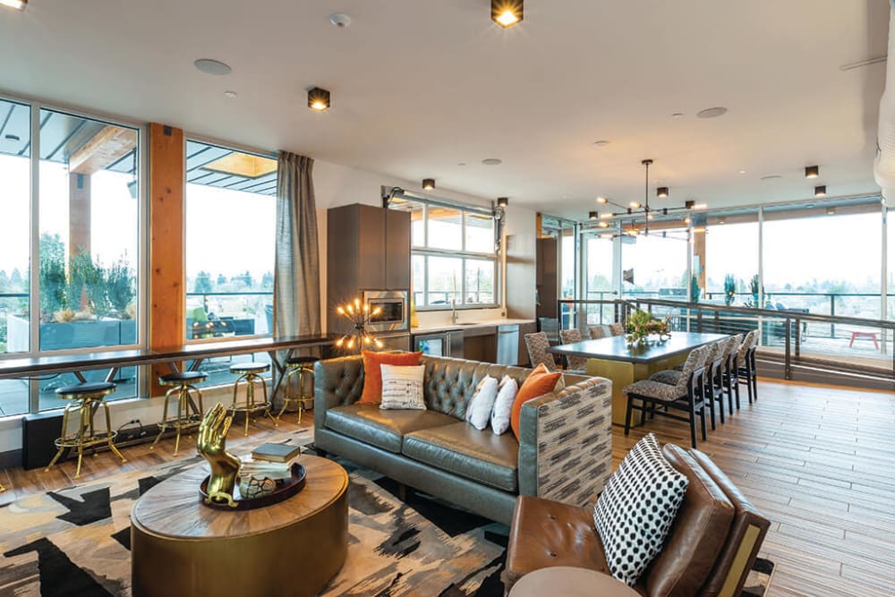 Lavishly decorated rooftop lounge interior at ArLo Apartments in Portland, Oregon