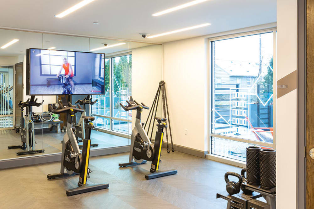 Spin room in the fitness center at ArLo Apartments in Portland, Oregon