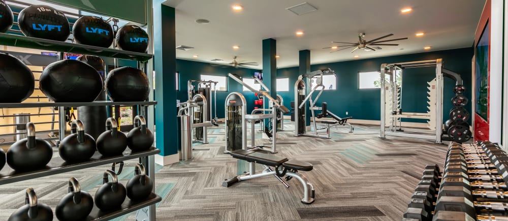 A complete fitness center at Strata Apartments in Denver, Colorado