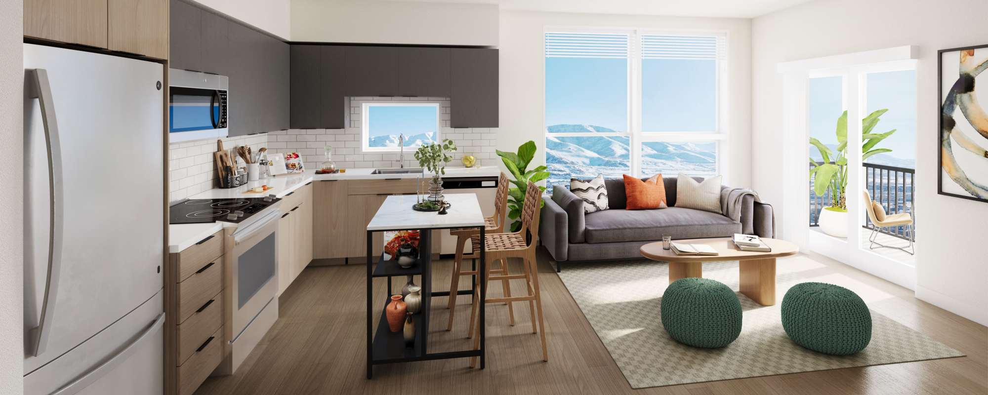 Rendering of a luxury model apartment home filled with natural light at Linden Hill in Magna, Utah