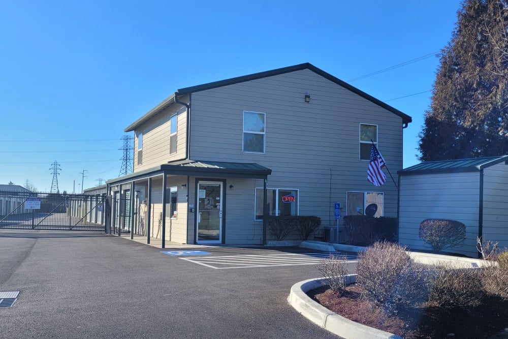 The parking lot and leasing office at BuxBear Storage Springfield Shelley Street in Springfield, Oregon