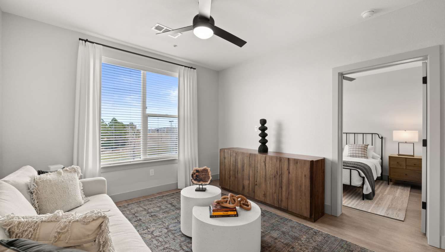 View of bedroom from living room at The Lock at Flatirons in Broomfield, Colorado