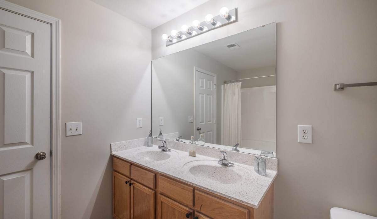 Bright bathroom with vanity light, mirror sink and commode at Palisades at Carters Mill in Sumter, South Carolina