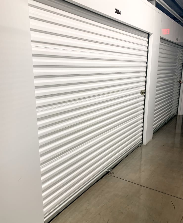 The white bay door of an interior storage unit at Wrondel Self Storage in Reno, Nevada