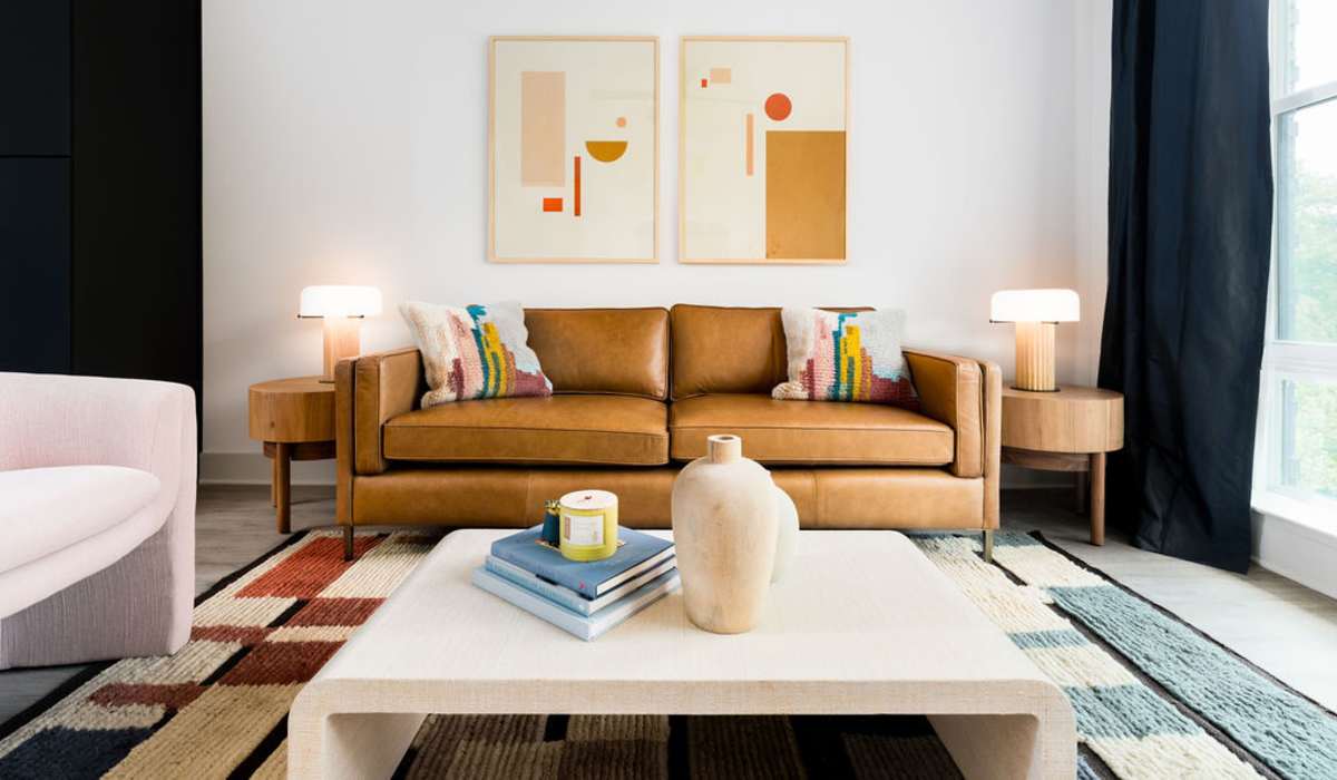 Stylish living room at Channel House in Raleigh, North Carolina