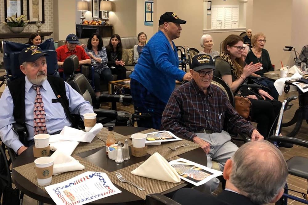 Residents in a meeting at Inspired Living Sugar Land in Sugar Land, Texas. 