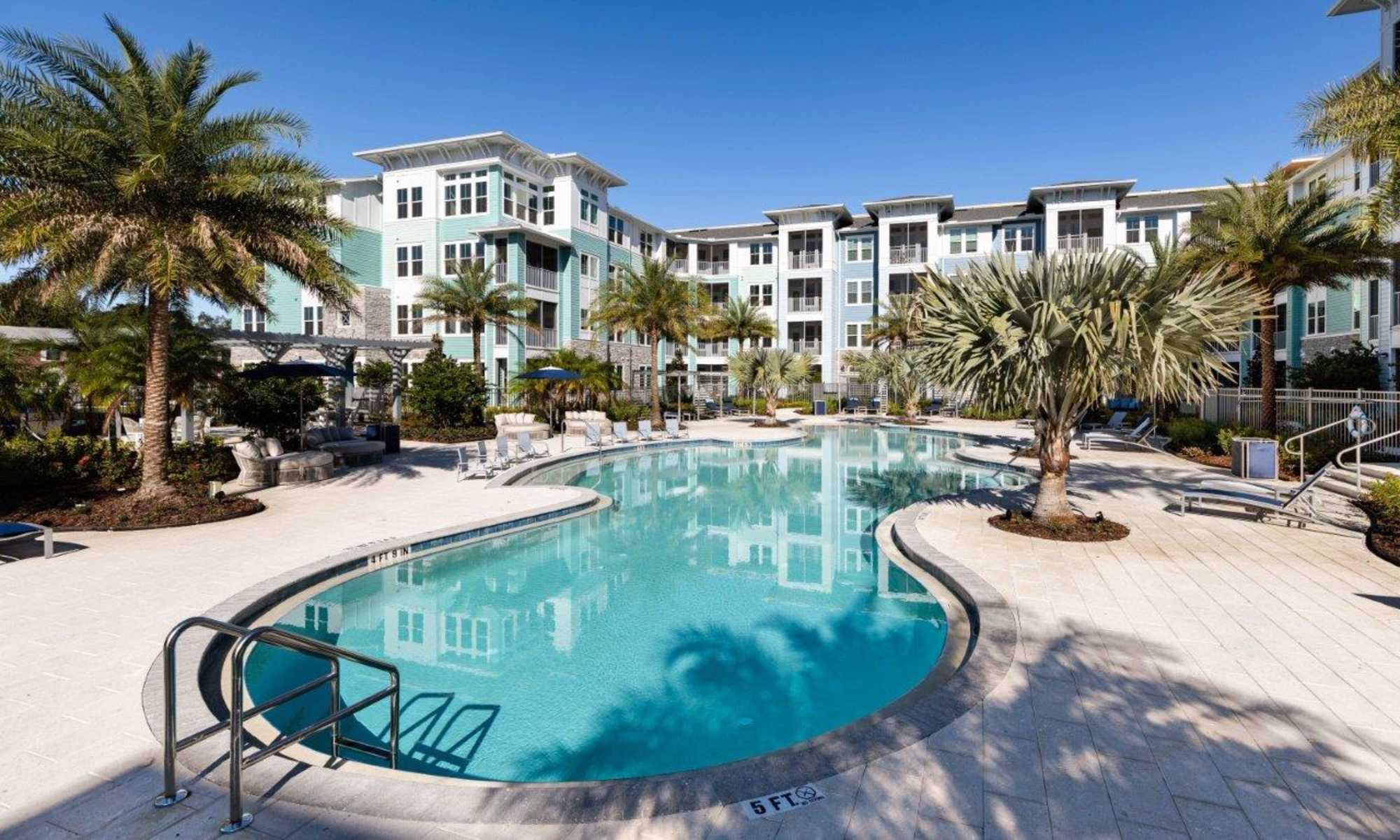 Gorgeous swimming pool on a sunny day at The Addison Skyway Marina in St. Petersburg, Florida