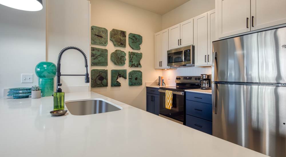 Kitchen with appliances at Fusion at Neon in Norfolk, Virginia