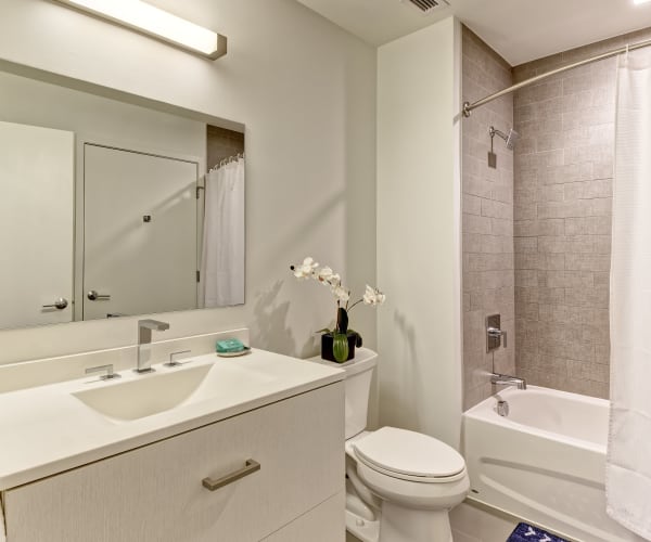Luxury bathroom with an oval tub at Vela on the Park in Stamford, Connecticut