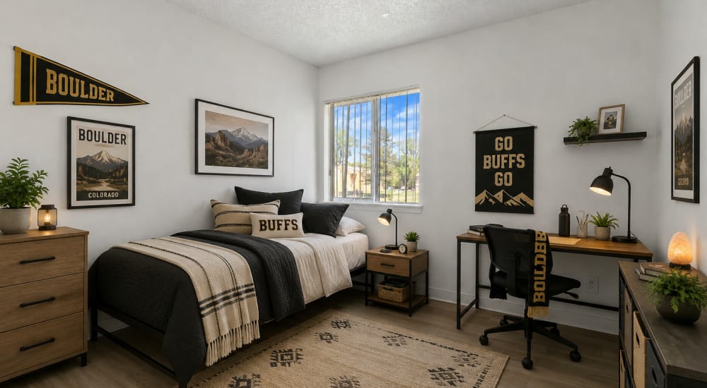 Staged bedroom in colorado sports themed at San Juan Del Centro in Boulder, Colorado