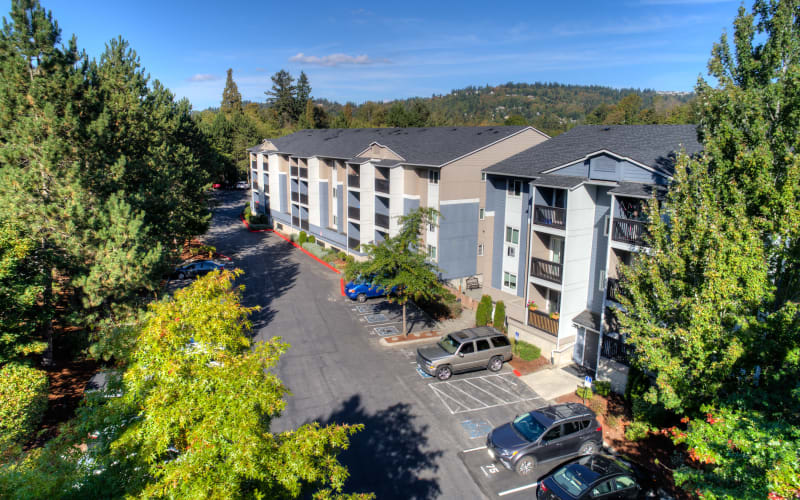 An aerial view of the building at Karbon Apartments in Newcastle, Washington