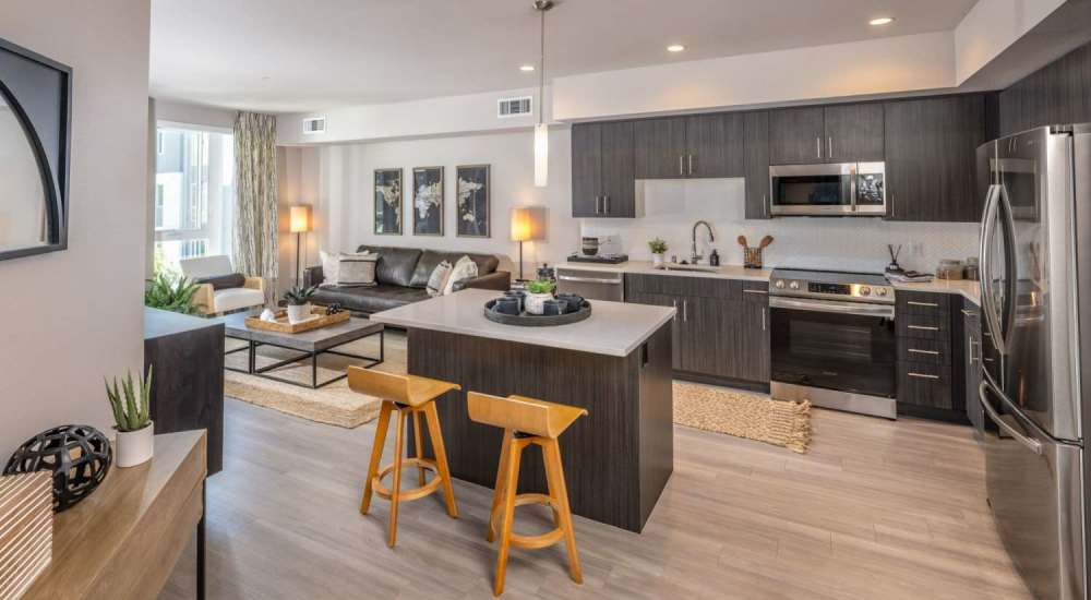 Apartment kitchen with stainless-steel appliances at The Beacon in Fremont, California