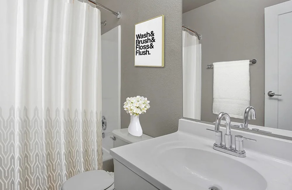 Bathroom with white countertop and shower curtain at The Aurora Apartments in Sparks, Nevada