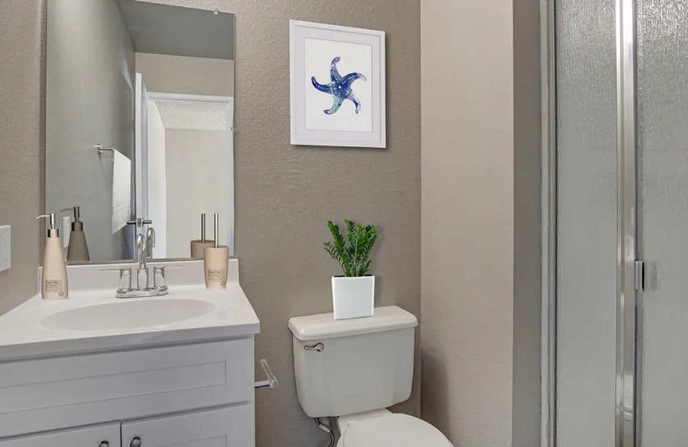 Bathroom with walk-in shower in model home at  The Aurora Apartments in Sparks, Nevada