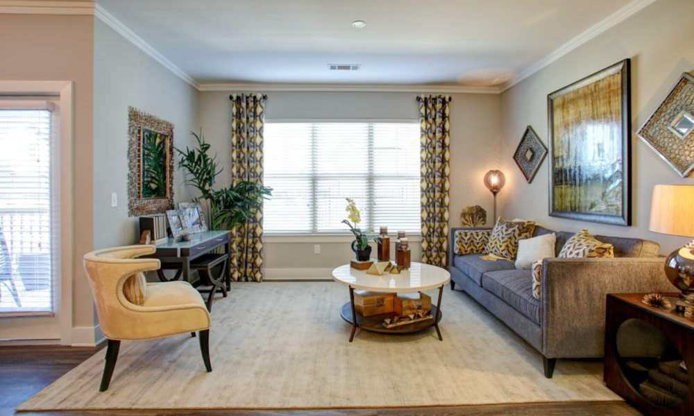 Model living space with large rug Avonlea Creekside in Marietta, Georgia