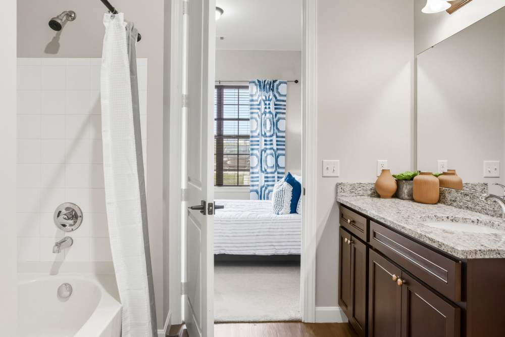 Bathroom with shower at Boulders at Overland Park Apartments in Overland Park, KS