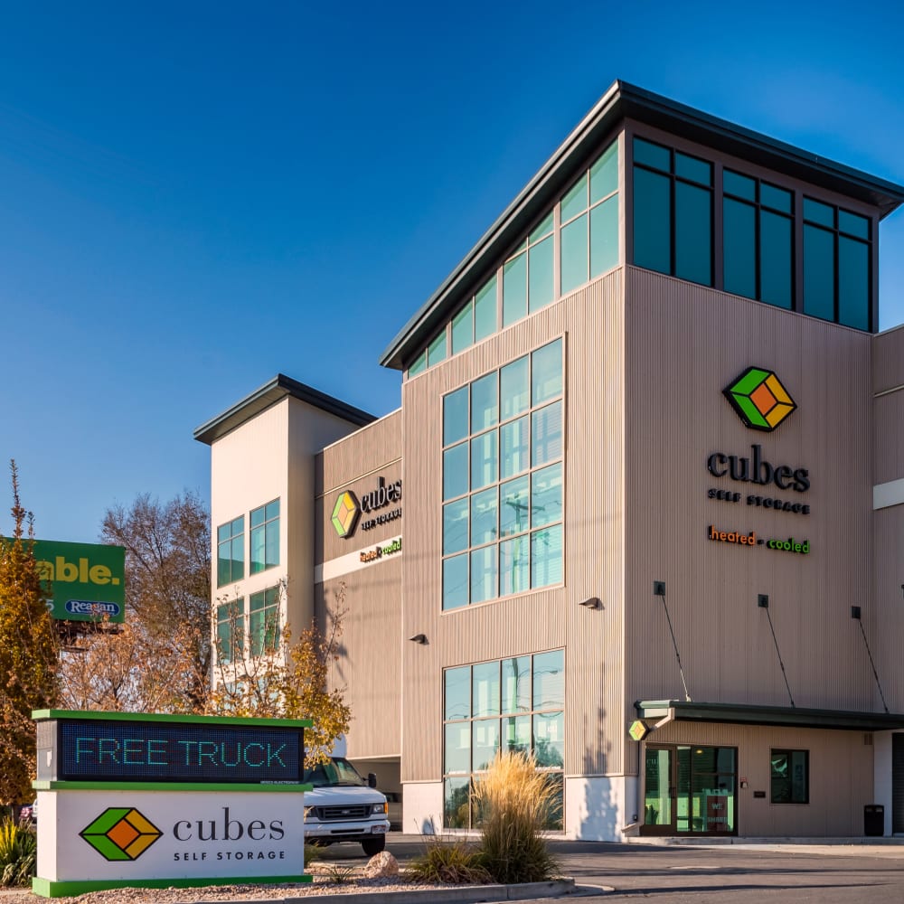 The front of the building at Cubes Self Storage in Millcreek, Utah