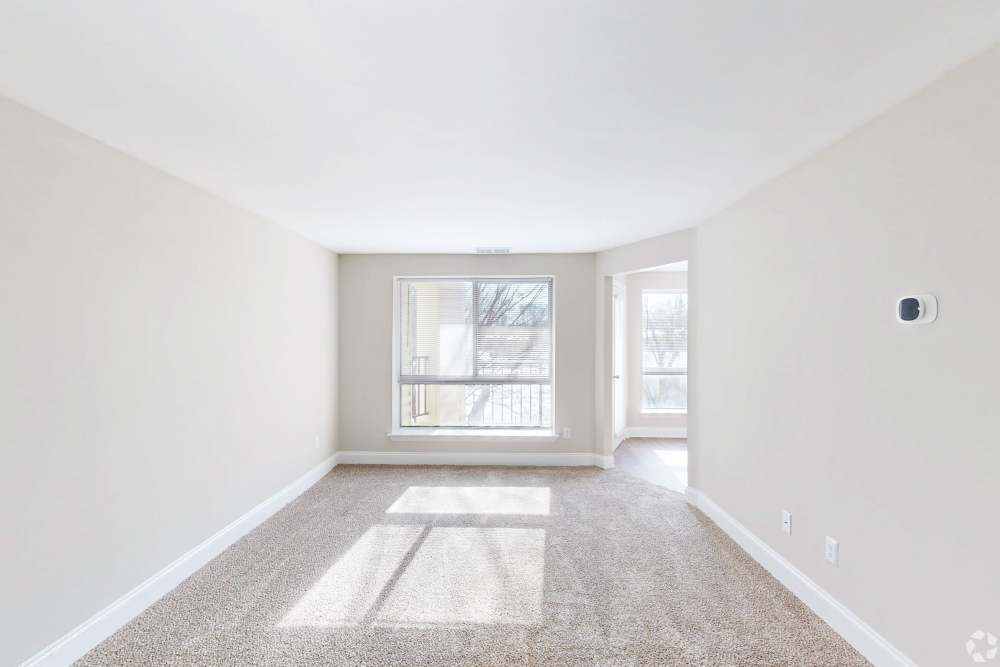 Living room with large windows at Knights Bridge II in Burtonsville Maryland
