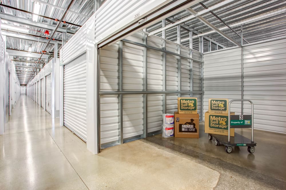 Open indoor unit with pacakges at Metro Self Storage in Skokie, Illinois