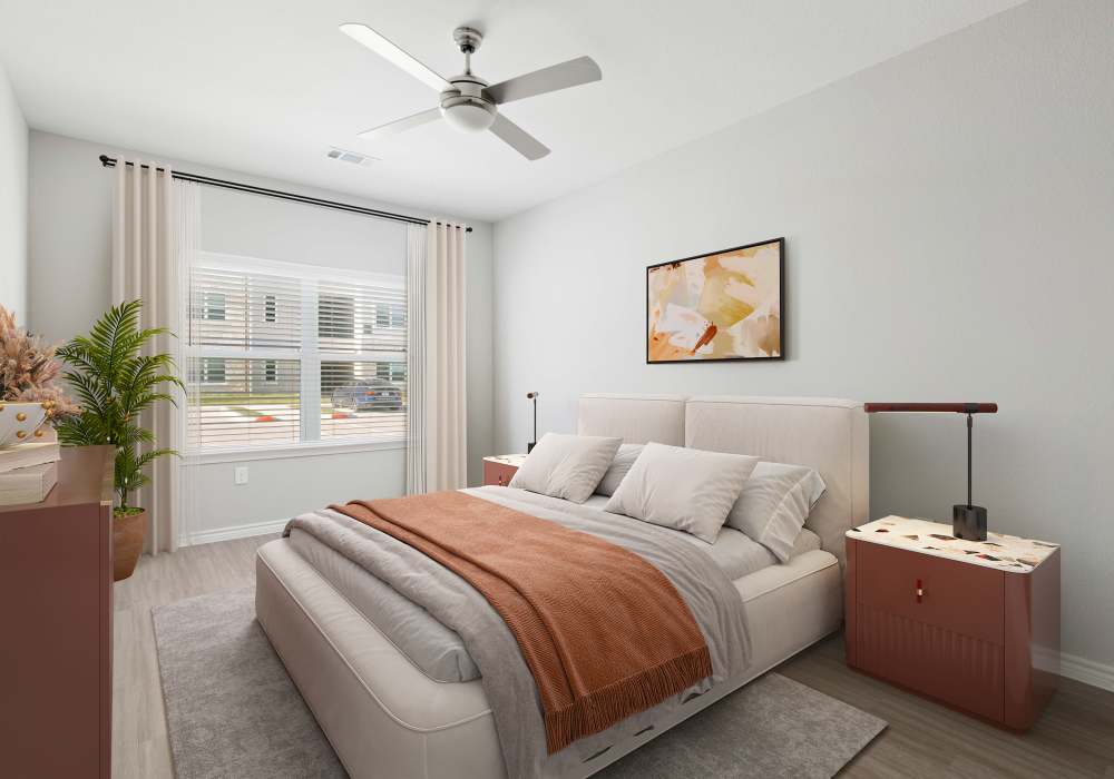 New bedroom with modern decor at Balcones Trails in Kyle, Texas