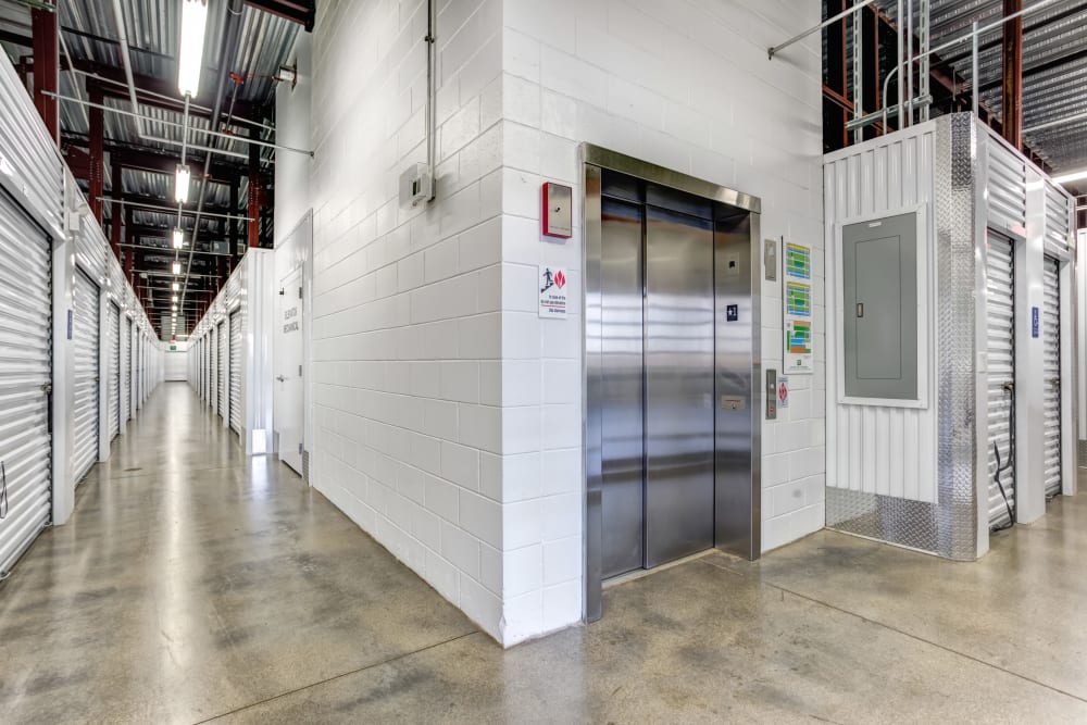 Elevator access and dolly parking at Metro Self Storage in St. Charles