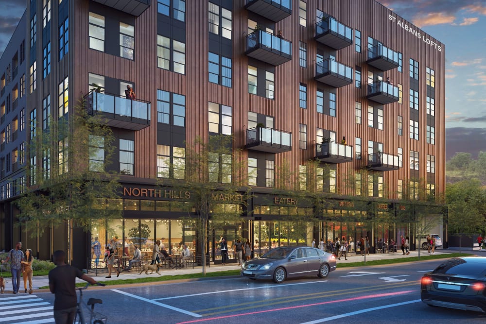 Vibrant neighborhood at St. Albans Lofts in Raleigh, North Carolina,