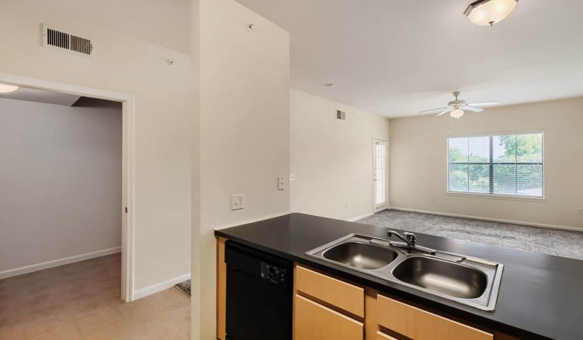 Open layout kitchen with black countertops and stainless steel sink, leading to a spacious living area at Lindbergh Parc Senior Apartments in Fort Worth, Texas