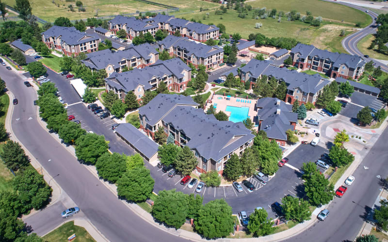 Aerial view of Skyecrest Apartments in Lakewood, Colorado