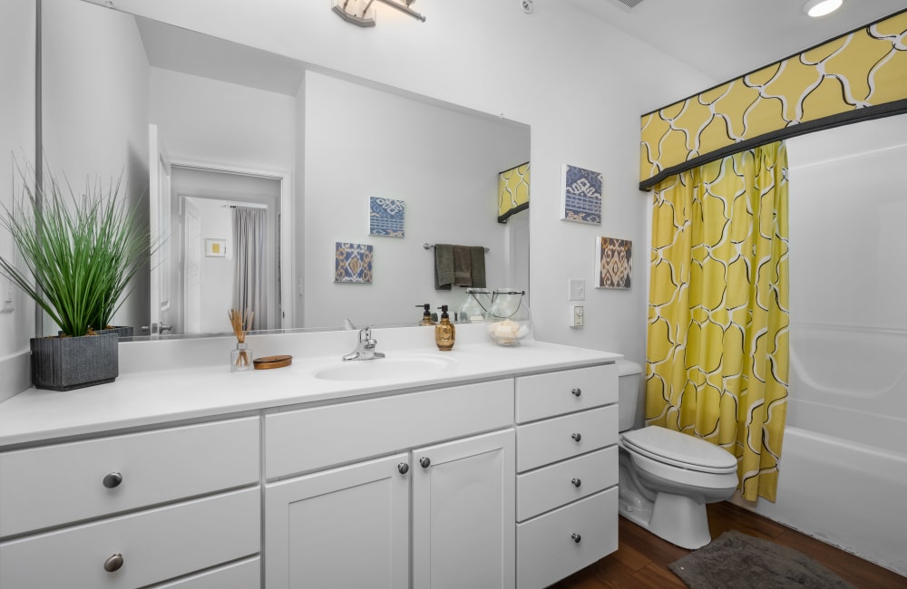 Bathroom with large mirror at The Apartments at Spence Crossing, Virginia Beach, Virginia