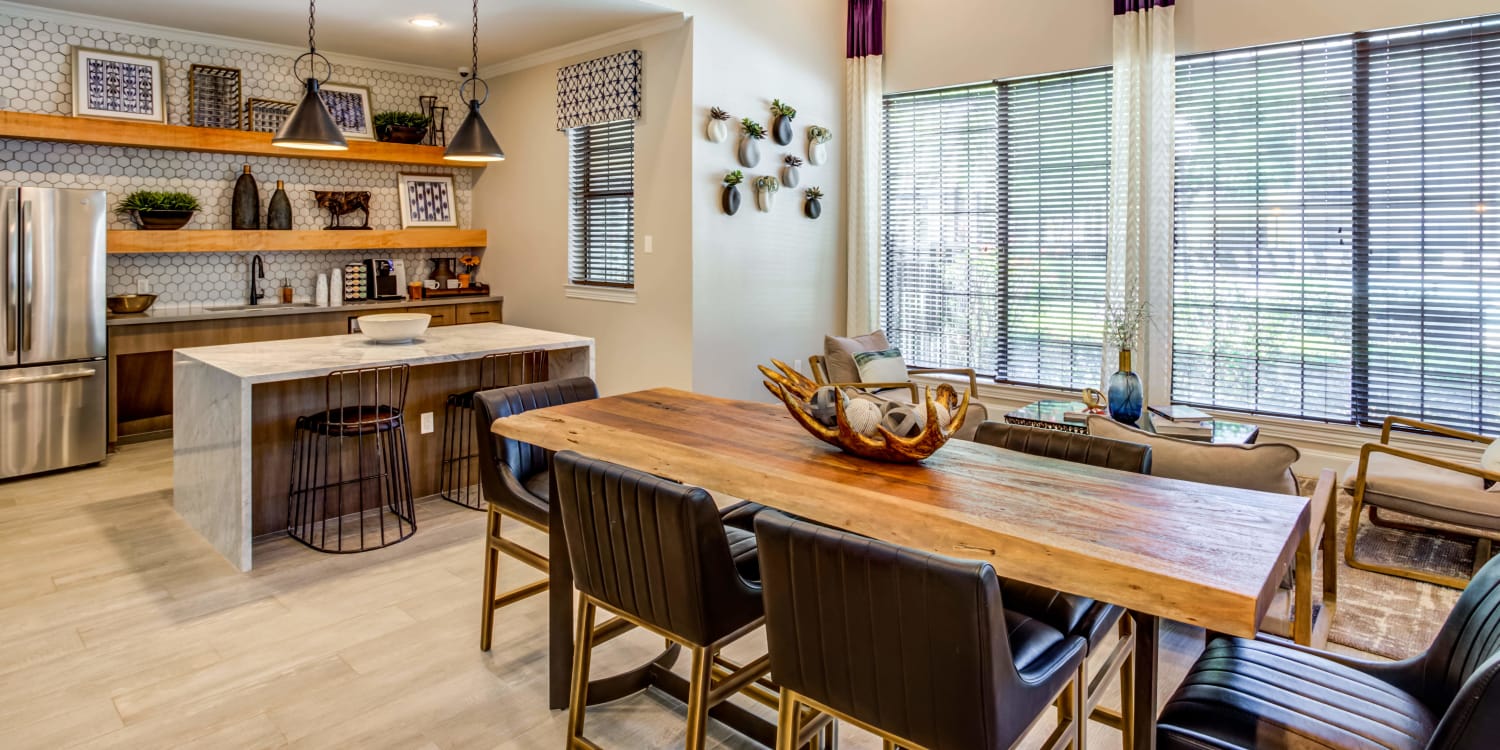 The kitchen in the clubhouse at Sola Westchase in Houston, Texas