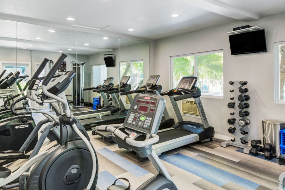 Clean, modern community gym at Kendallwood Apartments in Whittier, California