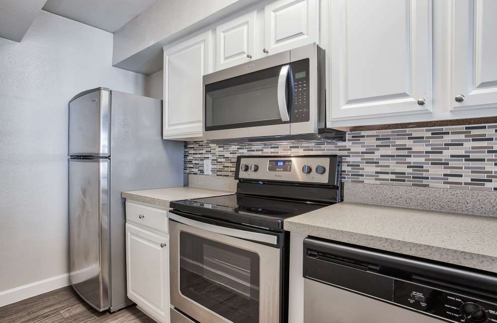 Stainless-steel appliances and granite countertops in the kitchen at Branch Creek Apartments in Carrollton, Texas