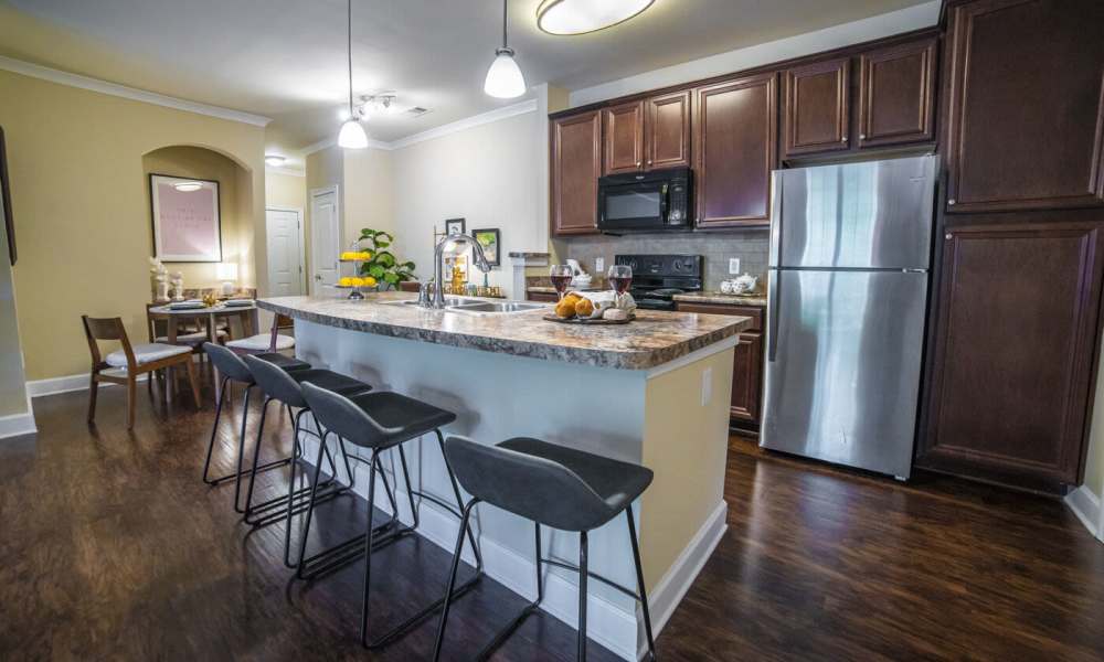 Charming modern kitchen with sleek cabinetry and granite countertops at Avonlea Square in Smyrna, Georgia.