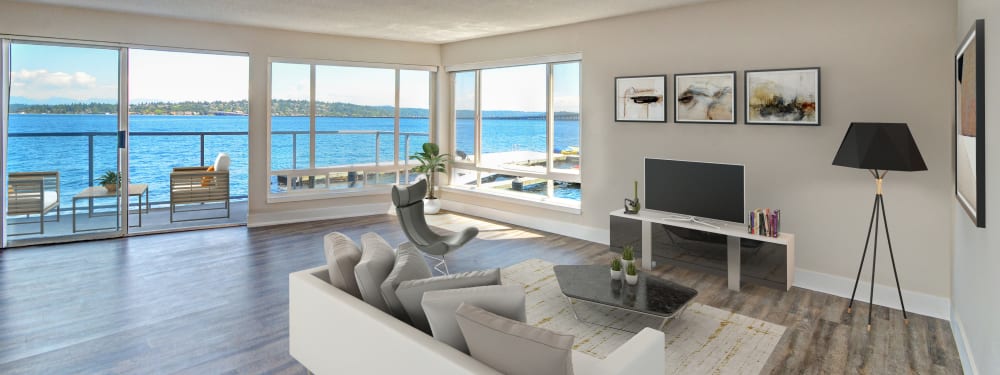 Interior of a living room with view of the lake at Lakefront on Washington in Seattle, Washington