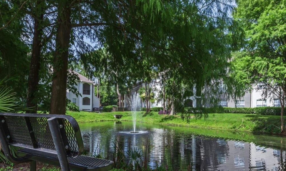 A bench facing the community pond at The Granite at Porpoise Bay in Daytona Beach, Florida