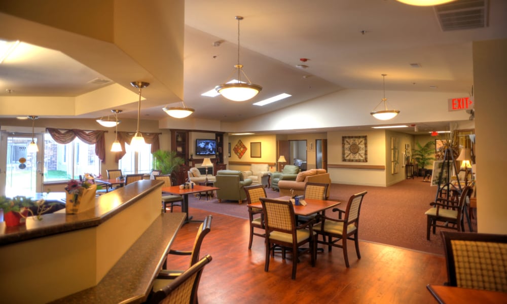 Dining room and kitchen area at Geneva Lake Manor in Lake Geneva, Wisconsin