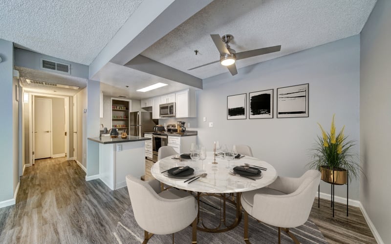 Model Dining and Kitchen at Parkside Commons Apartments in San Leandro, California