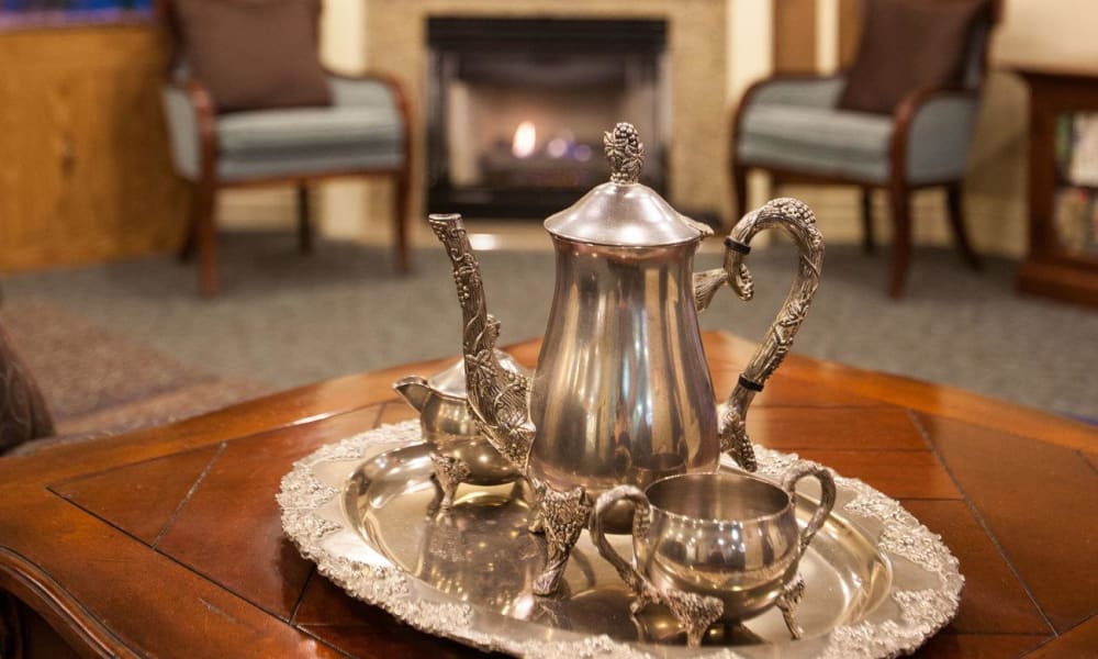 Sterling silver tea set sitting on a table at White Oaks in Lawton, Michigan