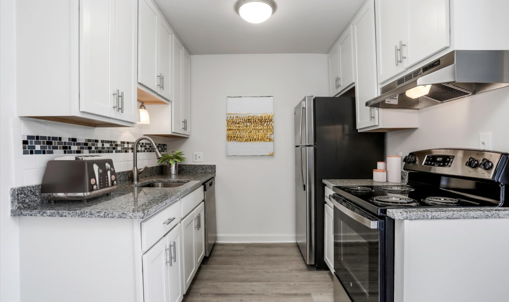 Modern and fully equipped kitchen at The Trilogy Apartments in Belleville