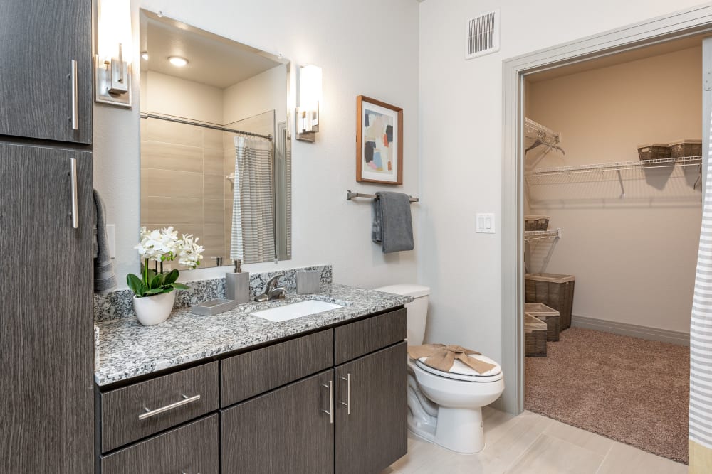 Spacious bathroom with expansive cabinetry at Olympus Hudson Oaks in Hudson Oaks, Texas