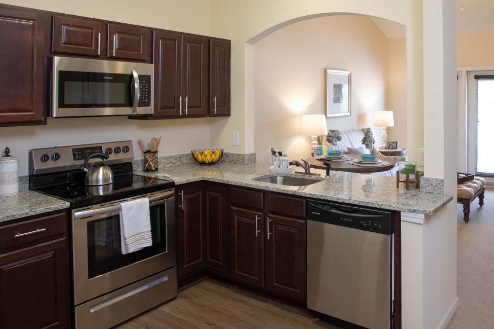 Modern Kitchen with wooden cabinets and stainless-steel appliances at The Harmony Collection at Columbia in Columbia, South Carolina