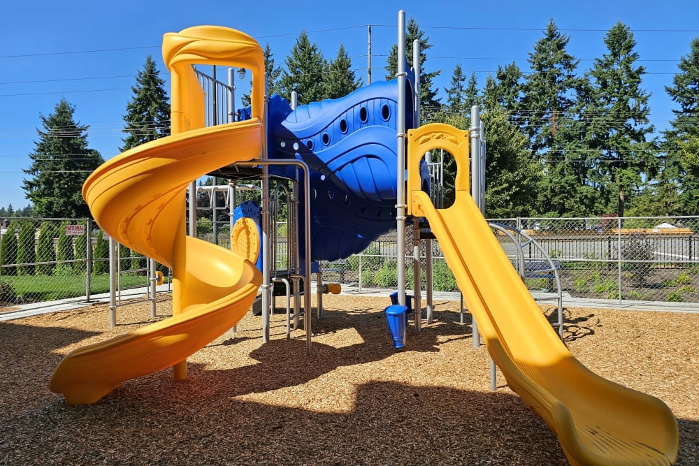 On-site playground with yellow slides at Alta Crossing in Marysville, Washington