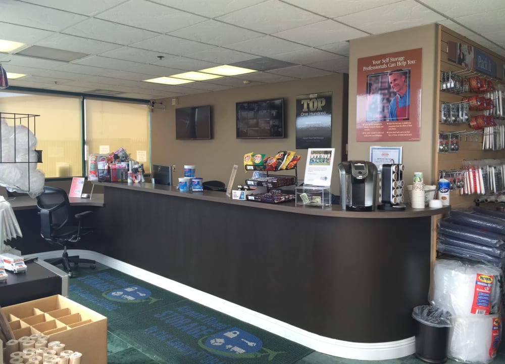 Packing supplies and the office counter at Airport Road Storage in Monterey, California