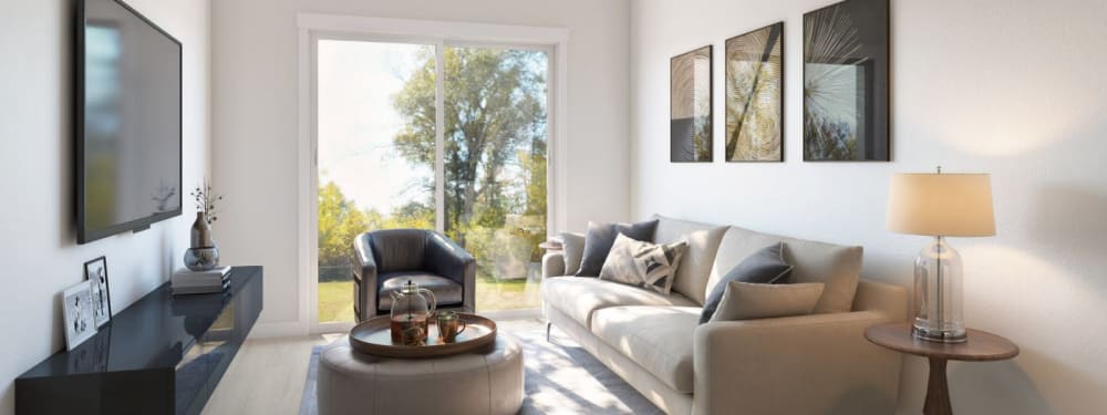 A living room with modern décor and furnishings at The Hardison in Salt Lake City, Utah