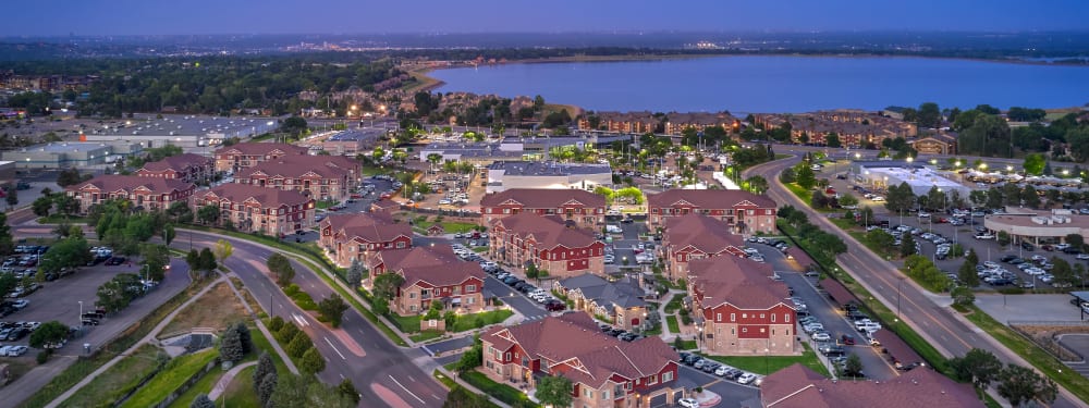 An evening aerial view of M2 Apartments in Denver, Colorado